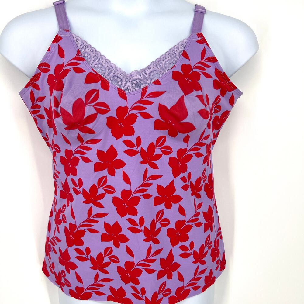 Ruby Ribbon Red Hibiscus Cami Tank Lace Trim Built in Bra Size 42